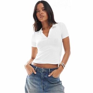 Miss Selfridge ribbed polo top in white